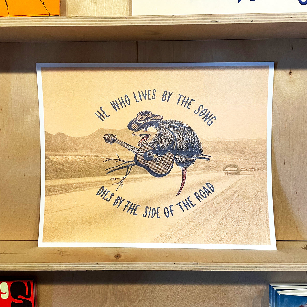 Poster with a stylized illustration of a opossum playing guitar and text on a wooden surface